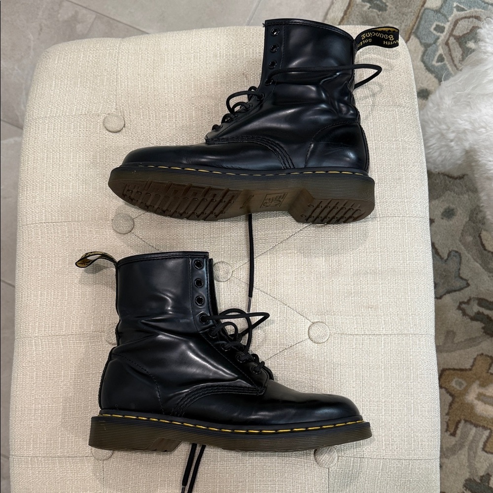 Dr. Martens Shiny Black Boots with Yellow Stitching